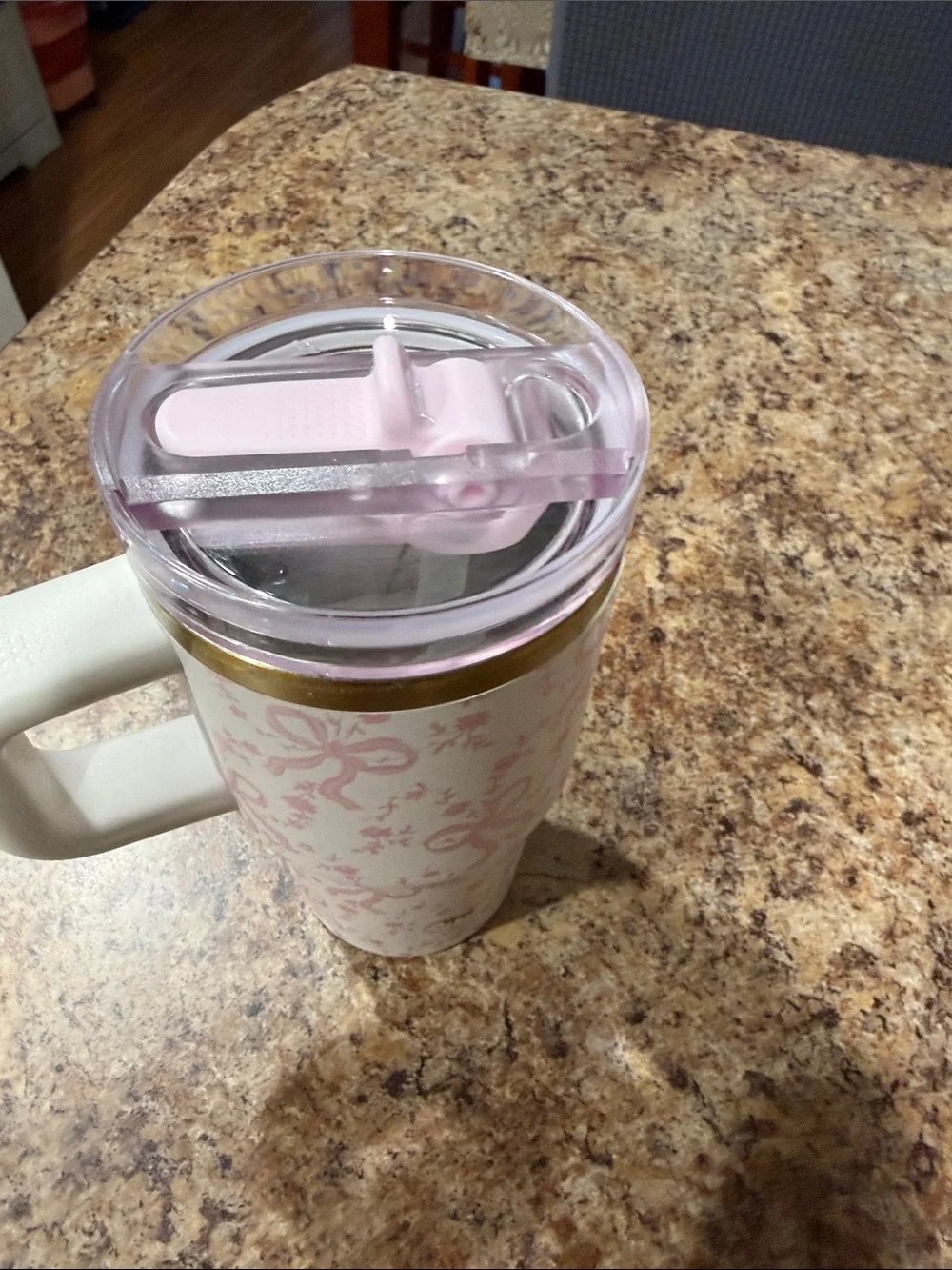 Stanley Cream and Pink Floral Insulated Travel Mug with Handle